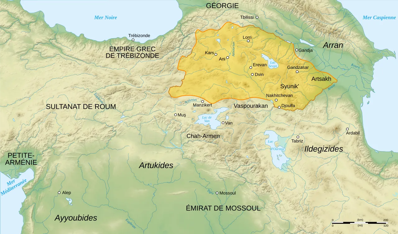 Carte de l'Arménie zakaride vers 1200 après la libération d'Ani sous les princes Zakare et Ivané (George A. Bournoutian, 2006)